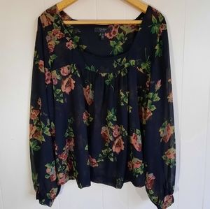 Jessica Simpson blouse floral square neck babydoll style semi-sheer black 1X